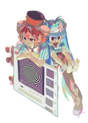 2girls arm_rest black_eyes black_necktie black_pants blue_dress blue_hair blue_hat bow bowtie breasts collared_shirt dress drill_hair full_body gloves hat hat_bow hatsune_miku kasane_teto lying_on_person medium_breasts mesmerizer_(vocaloid) multiple_girls necktie outstretched_arms pants red_bow red_eyes red_hair red_hat senzzang shirt short_sleeves skates smile spiral striped_clothes striped_headwear striped_shirt sweatdrop teeth tongue tongue_out twin_drills twintails upper_teeth_only utau visor_cap vocaloid white_background white_wrist_cuffs window_(computing) wing_collar wrist_cuffs yellow_gloves youtube