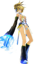 1girl aged_up bare_shoulders bespectacled blonde_hair boots breasts claws detached_sleeves female_focus genderswap genderswap_(mtf) glasses green_eyes highres kagamine_len kagamine_len_(append) kagamine_lenka kagamine_lenka_(append) kagamine_rin kagamine_rin_(append) koutarou_(artist) koutarou_(farthest) medium_breasts panties short_hair sideboob simple_background solo striped_clothes striped_panties underwear vocaloid vocaloid_append white_background