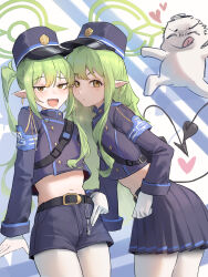 1boy 2girls absurdres armband belt black_belt blue_archive blue_armband blue_jacket blue_shorts blue_skirt breasts commentary_request demon_girl demon_tail doodle_sensei_(blue_archive) earrings fang ggz_(gguzal_95) gloves green_halo halo hat highres hikari_(blue_archive) jacket jewelry licking_lips long_hair midriff multiple_girls navel nozomi_(blue_archive) open_mouth pantyhose peaked_cap pointy_ears sensei_(blue_archive) shorts siblings sisters skirt small_breasts tail tongue tongue_out train_conductor twins twintails two-tone_background white_gloves white_pantyhose yellow_eyes