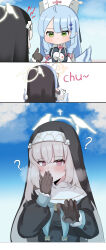 2girls ? absurdres black_collar black_dress black_veil blue_archive blue_hair blush braid brown_gloves closed_mouth collar covering_own_mouth crossed_bangs dress feathered_wings gloves green_eyes hair_between_eyes hat highres kiss long_hair mine_(blue_archive) multiple_girls nun nurse nurse_cap purple_eyes sabnak66 sakurako_(blue_archive) sidelocks twin_braids upper_body veil white_collar white_dress white_gloves white_hair white_hat wings yuri