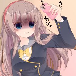 1girl :t absurdres alternate_costume black_jacket blue_eyes bow breasts cellphone closed_mouth commentary empty_eyes eyes_visible_through_hair furrowed_brow grey_sailor_collar hair_between_eyes hair_down hair_over_shoulder hairband hand_up hashtag-only_commentary highres holding holding_phone jacket large_breasts light_blush light_brown_background long_hair long_sleeves misu_t_(ccc) phone plaid_hairband red_hairband sailor_collar sanoba_witch school_uniform selfie shaded_face shiiba_tsumugi sick sidelocks simple_background smartphone solo sound_effects straight_hair sweat tareme upper_body very_long_hair wavy_mouth yellow_bow