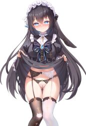 1girl absurdres asymmetrical_legwear black_dress black_hair black_thighhighs blue_eyes blush breasts chinese_commentary closed_mouth clothes_lift commentary_request dress dress_lift feet_out_of_frame garter_belt gluteal_fold highres juliet_sleeves large_breasts lifting_own_clothes long_hair long_sleeves looking_at_viewer maid maid_headdress mismatched_legwear mismatched_thighhighs navel nose_blush original panties puffy_sleeves qian_hen simple_background smile solo thighhighs torn_clothes torn_dress underwear variant_set very_long_hair white_background white_panties white_thighhighs