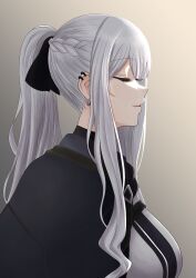 1girl 24_himehime ak-12_(girls&#039;_frontline) braid breasts closed_eyes closed_mouth commentary earclip earrings english_commentary from_side girls&#039;_frontline grey_hair hair_ribbon highres jewelry lips long_hair medium_breasts ponytail ribbon sideboob sidelocks simple_background smile solo tactical_clothes upper_body