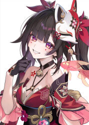 Rule 34 | 1girl, bare shoulders, bell, black gloves, black sash, blush, breasts, brown hair, chest tattoo, comiket 106, commentary request, criss-cross halter, detached sleeves, dress, flower tattoo, fox mask, gloves, halterneck, highres, honkai: star rail, honkai (series), index finger raised, long hair, looking at viewer, mark under both eyes, mask, mask on head, multicolored eyes, neck bell, o-ring, o-ring top, red dress, red sleeves, sash, shirokitsune, simple background, single glove, small breasts, smile, solo, sparkle (honkai: star rail), tattoo, twintails, upper body, white background