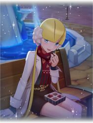 1girl :d alpha_transparency alternate_costume artist_request bench blonde_hair blue_eyes blunt_bangs blush box box_of_chocolates brown_skirt candy chocolate chocolate_heart elesa_(palentine&#039;s_2023)_(pokemon) elesa_(pokemon) food fountain green_shirt heart heart-shaped_food highres holding holding_chocolate holding_food jacket nintendo official_alternate_costume official_art on_bench open_clothes open_jacket open_mouth pokemon pokemon_masters_ex red_scarf scarf shirt short_hair_with_long_locks sitting skirt smile solo sparkle third-party_source water white_jacket wooden_bench