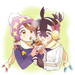 Rule 34 | 1boy, alternate costume, beanie, black gloves, black hair, blue jacket, blush, breath, brown eyes, brown hair, commentary request, crossed bangs, earmuffs, eating, fingerless gloves, food, food in mouth, gen 1 pokemon, gen 3 pokemon, gloves, hat, hetero, highres, holding, jacket, juliana (pokemon), kieran (pokemon), long sleeves, magikarp, minun, nekoniko777, nintendo, open mouth, plusle, pokemon, pokemon sv, pom pom (clothes), pom pom beanie, purple hair, scarf, sharing food, simple background, taiyaki, upper body, wagashi, white jacket, yellow eyes, yellow scarf