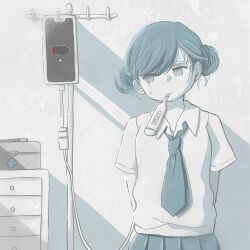 1girl awaya_yawako black_necktie charging_person collared_shirt commentary_request cowboy_shot digital_thermometer double_bun facing_viewer hair_bun highres intravenous_drip monochrome mouth_hold necktie original pleated_skirt school_uniform shirt short_hair short_sleeves sick skirt small_sweatdrop solo spot_color standing straight-on thermometer