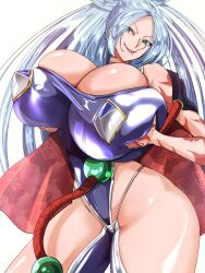 1girl breasts gigantic_breasts grabbing_own_breast grandma green_eyes highleg highleg_leotard highres impossible_clothes impossible_leotard inage_natsu leotard long_hair looking_at_viewer mature_female old old_woman rakuraku_kmczk shiny_skin smile taimanin_(series) taimanin_rpgx taimanin_suit very_long_hair white_hair wide_hips