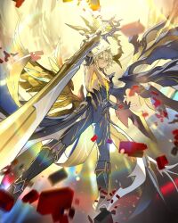 1boy alternate_form arm_up asymmetrical_wings black_bodysuit black_boots black_sleeves black_wings blurry bodysuit boots commentary depth_of_field detached_sleeves english_commentary floating foreshortening from_below full_body grandaloe hair_between_eyes halo halo_behind_head highres holding holding_sword holding_weapon honkai:_star_rail honkai_(series) long_sleeves looking_at_viewer male_focus material_growth mismatched_wings parted_lips phainon_(honkai:_star_rail) short_hair single_detached_sleeve sky solo sword torn_bodysuit torn_clothes waist_cape weapon white_hair wings yellow_eyes yellow_sky yellow_wings