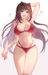 1girl aozaki_aoko arm_behind_head arm_up armpits bikini blue_eyes blush breasts brown_hair commentary_request gluteal_fold hair_intakes heart highres large_breasts long_hair looking_at_viewer mahou_tsukai_no_yoru navel open_mouth red_bikini simple_background smile solo stomach swimsuit thighs toomishou white_background