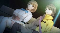 1boy 1girl :o bag black_pants breasts brown_coat brown_eyes brown_hair buttons coat game_cg gamon_yuuta gloves green_eyes green_hair hair_ornament hairclip heart heart_hair_ornament highres huge_breasts impossible_clothes lamppost large_breasts light_blush long_sleeves looking_at_another looking_to_the_side multicolored_coat narusawa_ryouka night non-web_source occultic;nine official_art open_clothes open_coat outdoors pako_(pakosun) pants pantyhose pink_bag science_adventure shiny_lips short_hair smile thighs white_coat white_gloves white_pantyhose yellow_coat