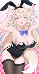 1girl animal_ear_fluff animal_ears arms_up bare_shoulders black_leotard black_pantyhose blonde_hair blue_hair blush breasts checkered_background cleavage cowboy_shot dog_ears dog_girl dog_tail fake_animal_ears fuwawa_abyssgard gradient_background highres hololive hololive_english large_breasts leotard long_hair omio one_eye_closed pantyhose pink_background pink_eyes playboy_bunny rabbit_ears simple_background skindentation solo strapless strapless_leotard tail virtual_youtuber
