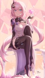 1girl absurdres black_boots black_gloves black_shorts blue_eyes boots breasts commentary_request corset crystal_flower cutescookie dated elf elysia_(honkai_impact) elysia_(miss_pink_elf)_(honkai_impact) fingerless_gloves gloves hair_ornament high_heel_boots high_heels highres honkai_(series) honkai_impact_3rd large_breasts looking_at_viewer pink_hair pointy_ears short_shorts shorts sitting smile solo thigh_boots thighs white_corset
