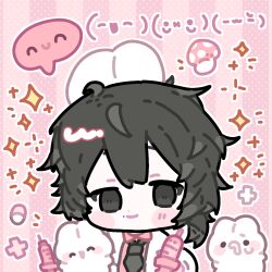 1boy animal_ears black_eyes black_hair black_necktie blush_stickers chibi chibi_only chinese_commentary closed_eyes closed_mouth collared_shirt commentary_request drooling highres jacket kaomoji long_sleeves luren948 male_focus medium_hair mo_chengwei mole_beside_mouth mouth_drool mushroom necktie open_clothes open_jacket open_mouth outline pill pink_background pink_shirt rabbit rabbit_ears shirt smile solo sparkle speech_bubble spoken_expression striped_background sweat touqi_guaitan white_jacket white_outline