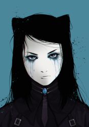 1girl anomarasu black_hair black_shirt blue_background blue_eyeliner blue_eyes blue_eyeshadow blue_gemstone closed_mouth commentary cone_hair_bun double_bun ergo_proxy eyeliner eyeshadow gem hair_bun highres long_hair looking_at_viewer makeup portrait re-l_mayer runny_makeup shirt solo straight-on unkempt