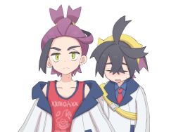 Rule 34 | 2boys, blue shirt, closed eyes, closed mouth, collarbone, collared shirt, crossed bangs, frown, hair between eyes, hairband, jacket, kieran (pokemon), male focus, mole, mole on neck, multicolored hair, multiple boys, necktie, nintendo, open clothes, open jacket, pokemon, pokemon sv, purple hair, red necktie, red shirt, riko (m momomo28), shirt, short hair, sleeveless, sleeveless shirt, strap, tearing up, two-tone hair, white jacket, yellow eyes, yellow hairband