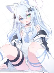 1girl ahoge alternate_costume animal_ear_fluff animal_ears bare_shoulders black_choker blue_eyes blue_hair blue_neckerchief blue_ribbon blush breasts choker cross_hair_ornament dress fox_ears green_eyes hair_between_eyes hair_ornament halo heterochromia highres jacket jacket_partially_removed lime_(vrchat) long_hair looking_at_viewer mismatched_pupils neckerchief off_shoulder open_clothes open_jacket open_mouth panties pantyshot ribbon sailor_collar sailor_dress satoh_vrc sitting sleeveless small_breasts smile socks solo striped_clothes striped_panties thigh_strap two_side_up underwear vrchat white_dress white_jacket white_panties white_socks x_hair_ornament