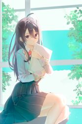 1girl absurdres ahoge black_eyes black_hair black_skirt blazer bloom_muchi bow bowtie closed_mouth feet_out_of_frame hair_between_eyes high-waist_skirt highres holding holding_paper jacket kimishima_ayano long_hair long_hair_between_eyes long_sleeves looking_at_viewer paper pleated_skirt red_bow red_bowtie school_uniform seiren_academy_school_uniform sitting skirt solo tokidoki_bosotto_roshia-go_de_dereru_tonari_no_alya-san white_jacket window winter_uniform