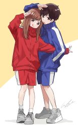 1boy 1girl :q absurdres blue_jacket brown_hair character_request collared_jacket commentary_request dot_nose full_body hand_in_pocket hand_up highres jacket jersey-chan_(pomu) long_hair looking_at_viewer mouth_outside_face open_mouth original pomu_(joynet) red_jacket red_shorts shoes short_hair shorts sleeves_past_wrists smile sneakers standing tongue tongue_out v-shaped_eyebrows very_short_hair white_shoes