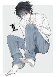 1boy bags_under_eyes black_eyes black_hair blue_pants border death_note eoseo88 feet full_body grey_background hair_between_eyes hand_on_own_knee highres knees_up l_(death_note) long_sleeves looking_at_viewer male_focus no_shoes outside_border pants shirt simple_background sitting solo teeth white_border white_shirt