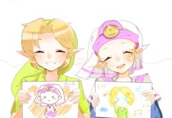 1boy 1girl blonde_hair child closed_eyes commentary_request drawing_(object) dress facing_viewer green_hat green_tunic grin hat holding holding_drawing link nintendo open_mouth pink_dress pink_hat pointy_ears princess_zelda short_sleeves side-by-side simple_background smile tbo_tkb the_legend_of_zelda the_legend_of_zelda:_ocarina_of_time translation_request triforce tunic two-tone_dress two-tone_headwear upper_body white_background white_dress white_hat young_link young_zelda