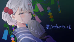1girl blue_kimono bow closed_mouth commentary_request dutch_angle grey_hair hair_bow hand_fan hand_up highres holding indie_virtual_youtuber japanese_clothes kimono natsume_eri natsume_eri_(vtuber) paper_fan pink_bow red_eyes smile solo striped_clothes striped_kimono tanabata tanzaku translation_request uchiwa upper_body vertical-striped_clothes vertical-striped_kimono virtual_youtuber