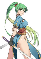 1girl ass bad_id bad_pixiv_id club3 earrings female_focus fingerless_gloves fire_emblem fire_emblem:_the_blazing_blade gloves green_eyes green_hair high_ponytail highres jewelry long_hair looking_at_viewer lyn_(fire_emblem) nintendo pelvic_curtain ponytail side_slit simple_background smile solo sword weapon white_background