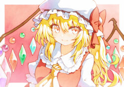 Rule 34 | 1girl, :d, ascot, blonde hair, bow, collared shirt, flandre scarlet, frilled shirt collar, frills, hat, hat bow, highres, long hair, looking at viewer, mob cap, open mouth, puffy short sleeves, puffy sleeves, red bow, red eyes, red vest, rinka (qqqrinkappp), shirt, short sleeves, smile, solo, touhou, traditional media, upper body, vest, white hat, white shirt, wings, yellow ascot