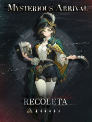 1girl artist_request belt_pouch black_shorts bracelet breasts brown_hair cape character_name cleavage closed_mouth coat coat_on_shoulders collared_shirt dress_shirt earrings green_cape green_coat green_eyes green_hat hat hat_feather highres holding holding_notebook holding_quill jewelry looking_at_viewer notebook official_art pantyhose pantyhose_under_shorts peaked_cap pouch quill recoleta_(reverse:1999) reverse:1999 shirt short_shorts shorts side_cape solo standing white_pantyhose white_shirt
