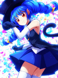 blue_cat_(precure) blue_hair braid cat_tail commentary_request unworn_eyewear gloves hat highres mao_(star_twinkle_precure) mimimix paw_pose pointy_ears precure sleeveless star_twinkle_precure tail top_hat twin_braids yellow_eyes