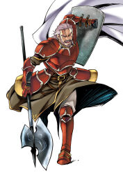 1boy agahari arm_shield armor armored_boots beard boots commentary_request duessel_(fire_emblem) facial_hair fire_emblem fire_emblem:_the_sacred_stones full_beard holding holding_weapon male_focus mustache nintendo old old_man open_mouth red_armor simple_background solo weapon white_background