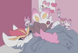 1boy 1girl alternate_color animal_ears body_fur bright_pupils brown_fur character_doll cinderace creatures_(company) eyelashes frown furry furry_female game_freak gen_4_pokemon gen_8_pokemon heart lopunny masayo_(skip) meme nintendo pokemon pokemon_(creature) rabbit_ears rabbit_girl red_eyes red_hair scorbunny shiny_pokemon two-tone_fur under_covers white_fur white_pupils