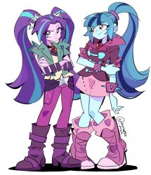 2girls aqua_hair aria_blaze aria_blaze_(human) arm_at_side arrcticc_fish artist_name averting_eyes bare_arms bare_shoulders belt blue_eyeshadow blue_hair blue_skin blunt_bangs boots bracelet bright_pupils closed_mouth coat collared_coat collared_jacket colored_skin crossed_arms eyeshadow frown full_body gem green_coat hair_ornament hand_on_own_arm high_heel_boots high_heels high_ponytail highres jacket jewelry knees_together_feet_apart long_hair looking_ahead looking_up makeup multicolored_hair multiple_bracelets multiple_girls my_little_pony my_little_pony:_equestria_girls my_little_pony:_friendship_is_magic necklace open_clothes open_coat orange_eyes pants parted_bangs pencil_skirt pink_boots pink_jacket pink_pants pink_skirt ponytail purple_belt purple_eyeshadow purple_footwear purple_hair purple_skin raised_eyebrow red_gemstone shadow shirt short-sleeved_jacket short_sleeves sidelocks skirt sleeveless sleeveless_coat sleeveless_shirt smile sonata_dusk sonata_dusk_(human) spiked_bracelet spikes standing star_(symbol) star_hair_ornament streaked_hair third-party_source twintails two-tone_hair very_long_hair white_pupils white_shirt