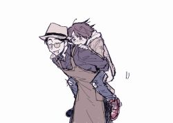 0fvwughesu35561 2boys apron black_hair blue_eyes brown_hair brown_jacket carrying carrying_person closed_mouth coat collared_shirt denim fatherly glasses happy hat heterochromia highres holding isurugi_souichi jacket kamen_rider kamen_rider_build_(series) kiryuu_sento looking_at_viewer male_focus multiple_boys open_mouth pants red_eyes shirt shoes short_hair smile white_background