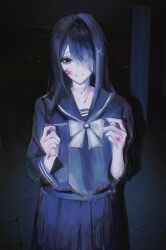 1girl ame-chan_(needy_girl_overdose) ame-chan_(school_uniform)_(needy_girl_overdose) arm_up black_eyes black_hair black_serafuku blood blood_on_face blood_on_hands blood_on_neck chest_bow dark hair_ornament hair_over_one_eye highres long_hair looking_at_viewer needy_girl_overdose nervous open_mouth pao_(i_loxe_u) school_uniform serafuku solo spotlight upper_body x_hair_ornament