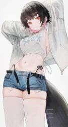 1girl alternate_costume arm_behind_head black_hair breasts closed_mouth colored_inner_hair denim denim_shorts ellen_joe fins fish_tail flippy_(cripine111) grey_background highres jacket long_sleeves looking_at_viewer mole mole_under_eye multicolored_hair navel open_clothes open_jacket shark_tail shirt short_hair shorts sideboob simple_background standing stomach tail thighhighs white_jacket white_shirt white_thighhighs zenless_zone_zero