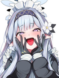 Rule 34 | 1girl, :d, alternate costume, apron, black gloves, blue archive, blue hairband, blunt bangs, blush, commentary request, enmaided, eyelashes, fang, flower, frilled apron, frills, gloves, hair flower, hair ornament, hairband, halo, hands on own cheeks, hands on own face, hands up, happy, highres, himari (blue archive), long hair, long sleeves, maid, maid apron, maid headdress, mole, mole under eye, nojikorirakkusu, open mouth, pointy ears, portrait, purple eyes, simple background, smile, solo, teeth, tongue, upper teeth only, white apron, white background, white flower, white hair, white halo