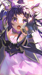 1girl absurdres armor armored_dress bow breasts cleavage date_a_live dress hair_bow highres kouhiipan light long_hair looking_at_viewer open_mouth outstretched_arm purple_dress purple_eyes purple_hair reaching reaching_towards_viewer shoulder_armor solo yatogami_tohka