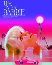 1boy 2girls barbie_(character) barbie_(franchise) barbie_(live_action) blonde_hair car chevrolet chevrolet_corvette chevrolet_corvette_c1 convertible driving the_end_of_evangelion hat highres ken_(barbie) lipstick makeup margot_robbie meme motor_vehicle multiple_girls neon_genesis_evangelion palm_tree parody pink_car pink_theme ryan_gosling sky teeth thatstephc tree vaporwave what