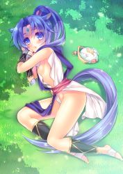 Rule 34 | 10s, 1girl, animal ears, barefoot, blue eyes, blue hair, blush, breasts, dog days, feet, female focus, forehead jewel, from above, gold trim, grass, hlz, horse ears, horse girl, long hair, looking up, lying, matching hair/eyes, naked tabard, nipples, no panties, on side, ponytail, sharu (dog days), side slit, sideboob, small breasts, solo, tabard, tail