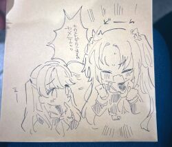 Rule 34 | 2girls, absurdres, ballpoint pen (medium), clenched hands, closed eyes, dress, fang, finger to mouth, flower, fujishima megumi, hair flower, hair ornament, hasu no sora school uniform, highres, link! like! love live!, long hair, long sleeves, looking at another, love live!, mira-cra park!, monochrome, multiple girls, neckerchief, open mouth, osawa rurino, parted bangs, pen (medium), photo (medium), sailor collar, sailor dress, school uniform, second-party source, shin (shnnnnrn1), skin fang, speech bubble, traditional media, twintails, two side up, v-shaped eyebrows, virtual youtuber, winter uniform