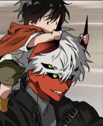 alien bandages black_jacket blinding_bangs braid engineer exotic_eyes gloves grey_shirt highres horns jacket mori_(on_the_way_to_meet_mom) on_the_way_to_meet_mom ryder shirt white_hair
