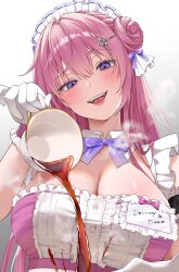 Rule 34 | 1girl, absurdres, blush, bow, bowtie, breasts, center frills, cleavage, cup, detached collar, dorothy (nikke), dress, frilled dress, frills, gloves, goddess of victory: nikke, gradient background, hair bun, hair ornament, head tilt, highres, holding, holding cup, large breasts, long hair, looking at viewer, maid headdress, name tag, nigi (ngmnoym), official alternate costume, open mouth, pink dress, pink hair, pouring, purple bow, purple bowtie, purple eyes, raised eyebrow, single side bun, smile, solo, steam, tea, teacup, uneven eyes, upper body, white gloves