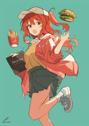 1girl absurdres baseball_cap black_skirt blue_background blue_shoes bocchi_the_rock! burger commentary_request cowboy_shot food french_fries green_eyes hand_up hat highres jacket kita_ikuyo long_hair looking_at_viewer minusk9 one_side_up open_clothes open_jacket open_mouth pleated_skirt red_hair red_jacket shirt shoes simple_background skirt socks solo three-quarter_sleeves white_hat white_socks yellow_shirt
