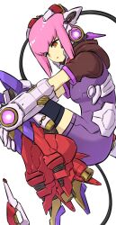 Rule 34 | 1girl, android, bodysuit, brown eyes, brown jacket, ena (p&amp;d), fetal position, headgear, hood, hood down, jacket, mechanical arms, mechanical legs, pink hair, puzzle &amp; dragons, rolled up, short hair, solo, tento (te nnto22)