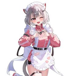 1girl animal_ears apron belt black_shorts cat_ears cat_girl cat_tail cowboy_shot dolphin_shorts fang frilled_apron frills grey_hair hair_ornament hairclip headdress heart heart_hands highres jacket jersey_maid long_sleeves looking_at_viewer maid maid_apron maid_headdress neneko_mashiro one_eye_closed open_mouth pink_jacket red_eyes short_hair shorts simple_background skin_fang smile solo stellive tail thigh_strap track_jacket unconventional_maid virtual_youtuber white_background zhxms123