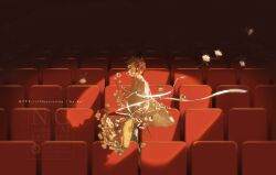 1boy bouquet brown_hair commentary_request flower grey_pants holding holding_bouquet indoors male_focus original pants rido_(ridograph) shirt short_hair solo theater_seating white_flower white_shirt