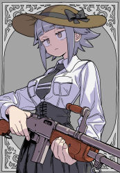 1girl black_corset black_necktie black_skirt blunt_bangs breasts brown_eyes browning_auto_5 check_weapon closed_mouth collared_shirt commission corset expressionless gun hat high-waist_skirt highres holding holding_gun holding_weapon long_sleeves medium_breasts mizuno_(okn66) necktie original shirt short_hair simple_background skeb_commission skirt solo weapon weapon_request white_shirt