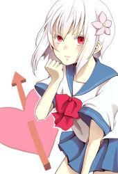 Rule 34 | 1girl, a certain high school uniform, accelerator (toaru majutsu no index), albino, arrow (symbol), arrow through heart, bare arms, blue sailor collar, blue skirt, blush, bow, clenched hand, closed mouth, commentary, cowboy shot, flower, genderswap, genderswap (mtf), hair between eyes, hair flower, hair ornament, hand up, heart, looking at viewer, medium hair, miniskirt, negiko123123, pink flower, pleated skirt, red bow, red eyes, sailor collar, school uniform, serafuku, shirt, short sleeves, sidelocks, skirt, solo, summer uniform, suzushina yuriko, toaru majutsu no index, v-shaped eyebrows, white background, white hair, white shirt