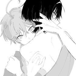 2boys aether_(genshin_impact) ahoge alternate_costume back back_focus bishounen biting_shoulder braid expressionless from_behind genshin_impact greyscale hand_on_another&#039;s_back hand_on_another&#039;s_neck hand_on_another&#039;s_shoulder japanese_clothes kimono long_hair looking_at_viewer looking_back male_focus monochrome multiple_boys off_shoulder partially_undressed profile scaramouche_(genshin_impact) short_hair sideways_glance simple_background single_bare_shoulder single_braid t112 turning_head upper_body white_background wolf_cut yaoi